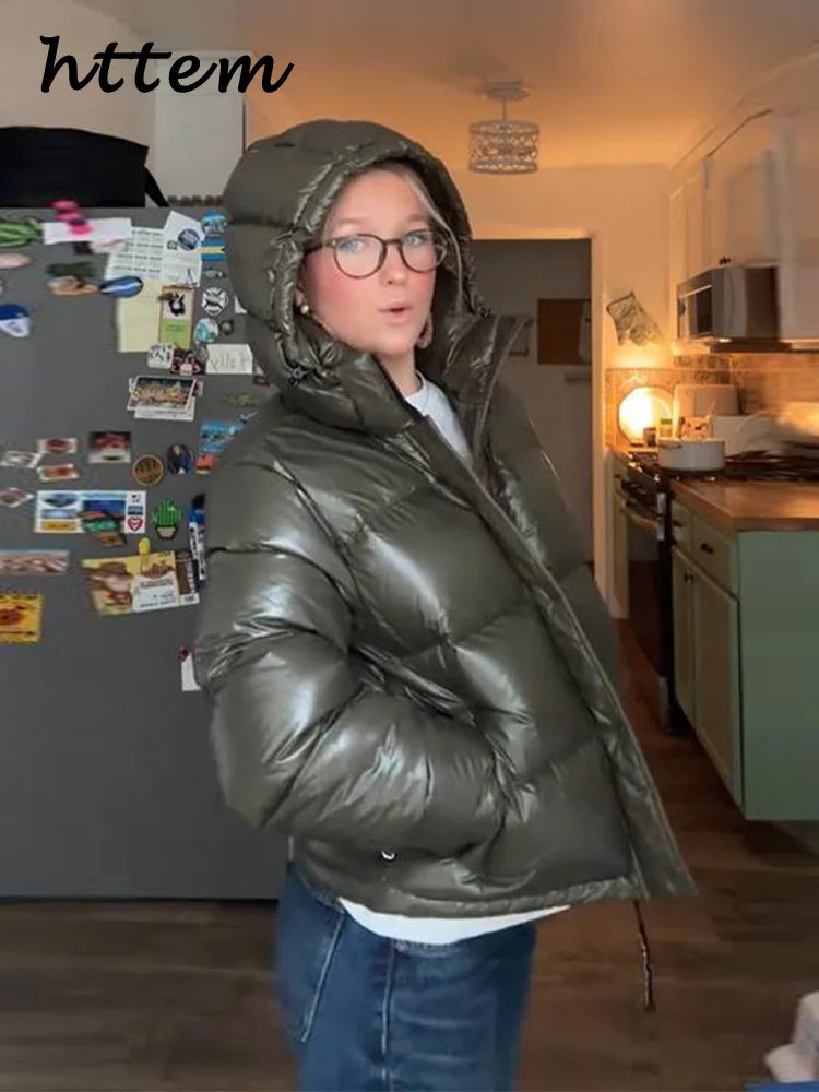 Damen Steppjacke mit Kapuze glänzend Khaki