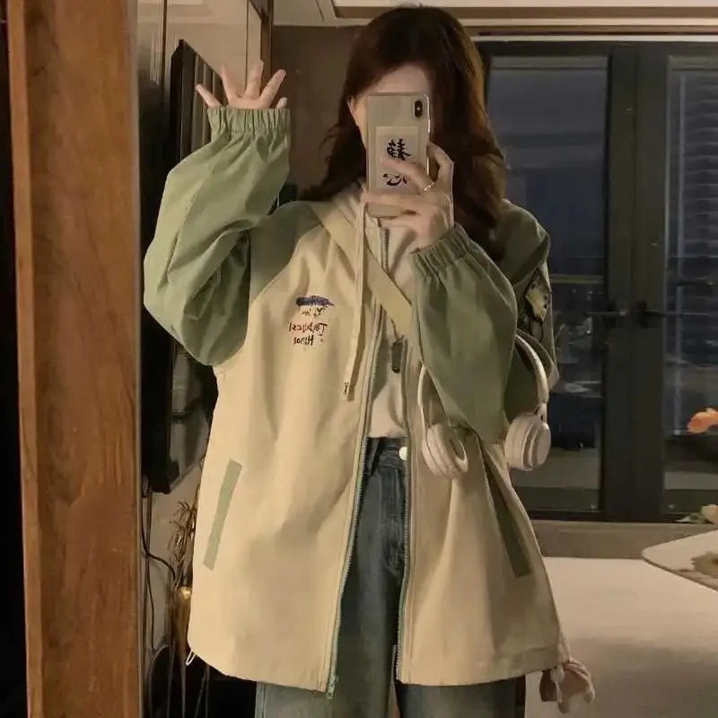 Damen Kapuzenjacke Zweifarbig Beige Grün Freizeit Reißverschluss
