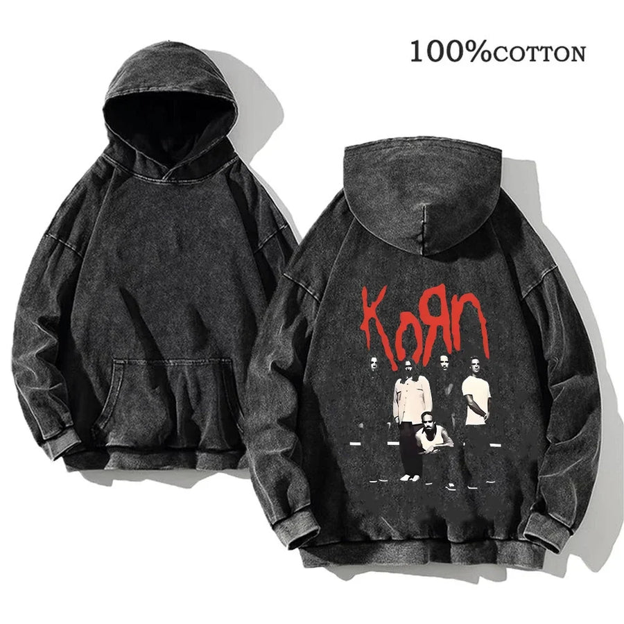 Korn Band Hoodie Unisex Washed Schwarz Kapuzenpullover Oversize
