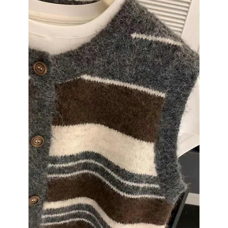 Damen Weste gestrickt gestreift mit Knöpfen Ärmellos Mehrfarbig