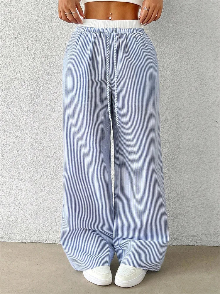 Dames gestreepte broek met wijde pijpen, elastische tailleband, trekkoord en geplooide look