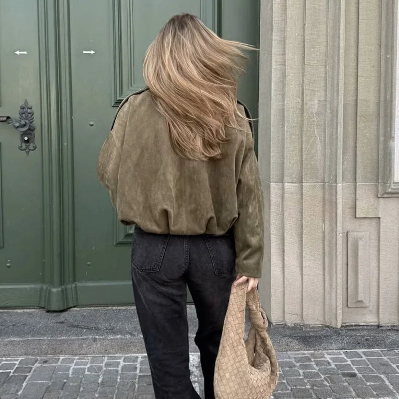 Kurze Jacke Damen Bomberjacke im Pilotenstil Übergangsjacke Grün Beige