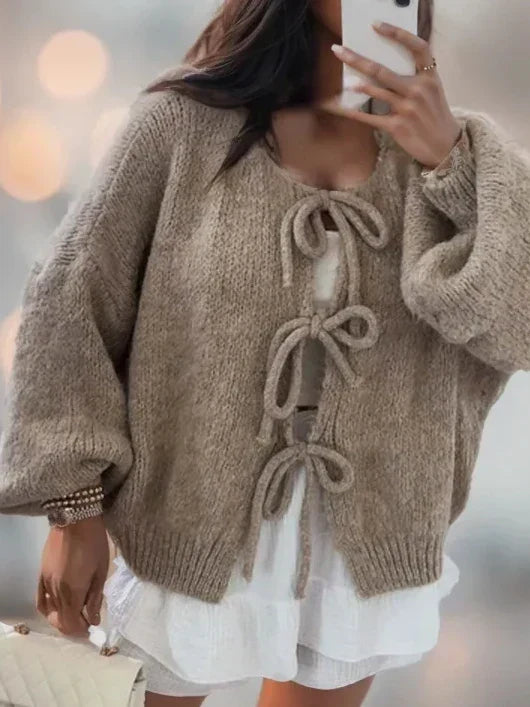 Damen Strickjacke mit Schleifendetails und Puffärmeln