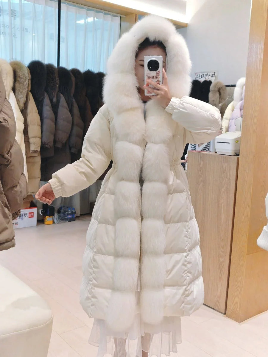 Damen Steppmantel Lang mit Kapuze und Pelzbesatz Winterjacke
