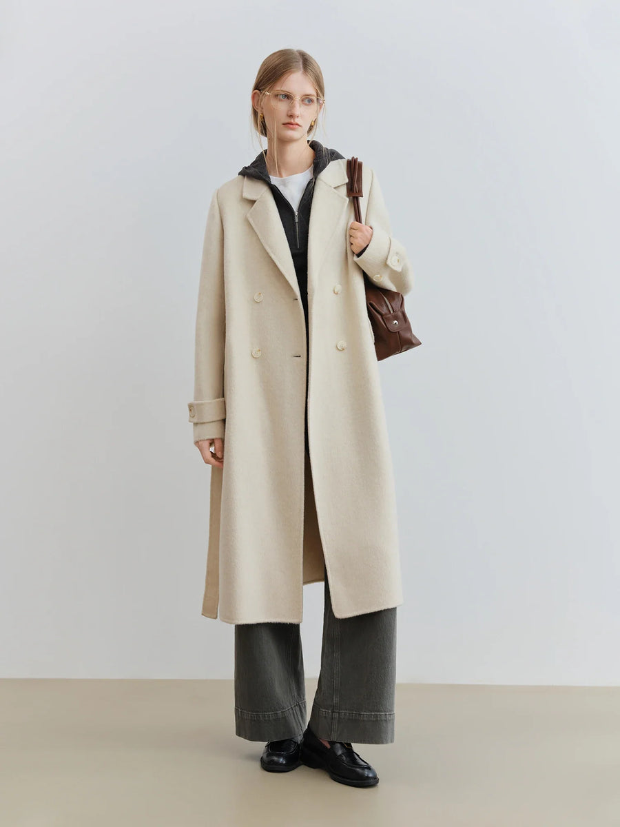 Damen Langer Mantel Doppelreiher Weiches Material Grau