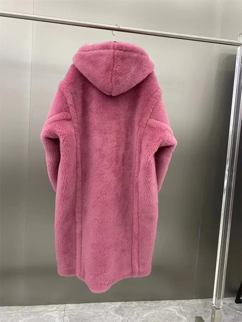 Damen Teddyfell Mantel mit Kapuze und Handschuhen, mittellang, Winter
