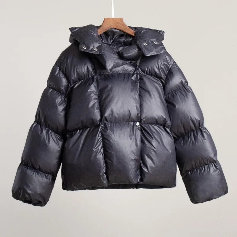Damen Pufferjacke mit Kapuze, kurz geschnitten, uni
