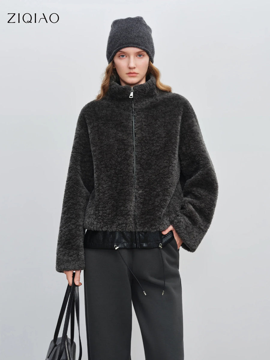 Kurze Damen Plüschjacke mit Reißverschluss und Stehkragen in Dunkelgrau