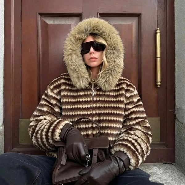 Damen Jacke mit Kapuze, gestreift, Fellimitat, Winterjacke warm