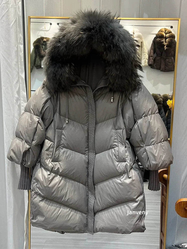 Damen Pufferjacke mit großer Kapuze und Pelzbesatz, Langarm, Khaki