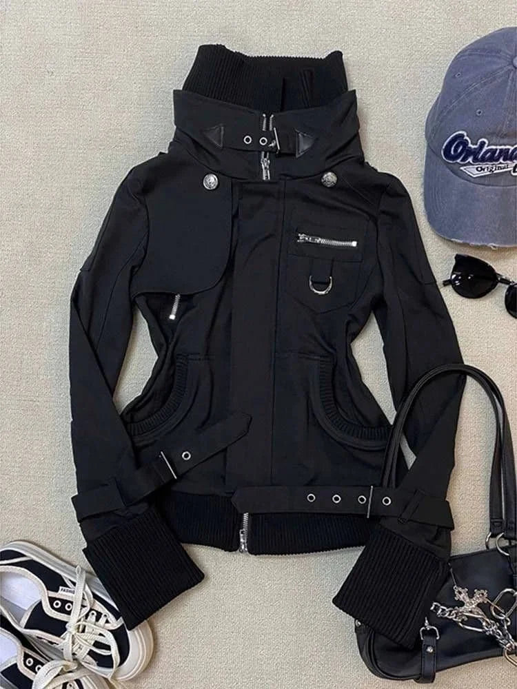 Damen Jacke Schwarz mit hohem Kragen und Schnallendetails