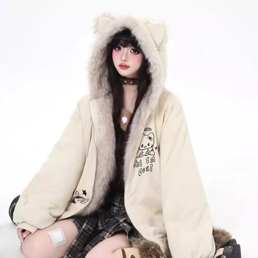 Damen Jacke mit Kapuze, Teddy-Ohren und Pelzimitat Futter