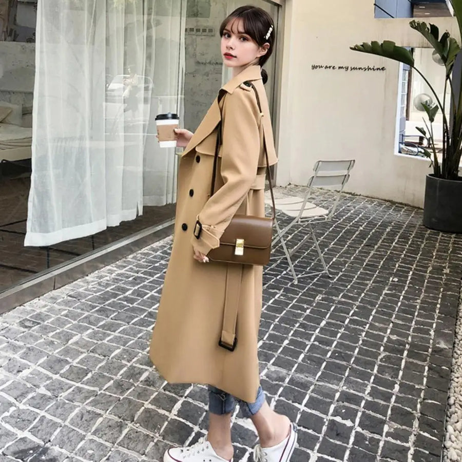 Damen Trenchcoat Lang Zweireihig mit Gürtel Beige