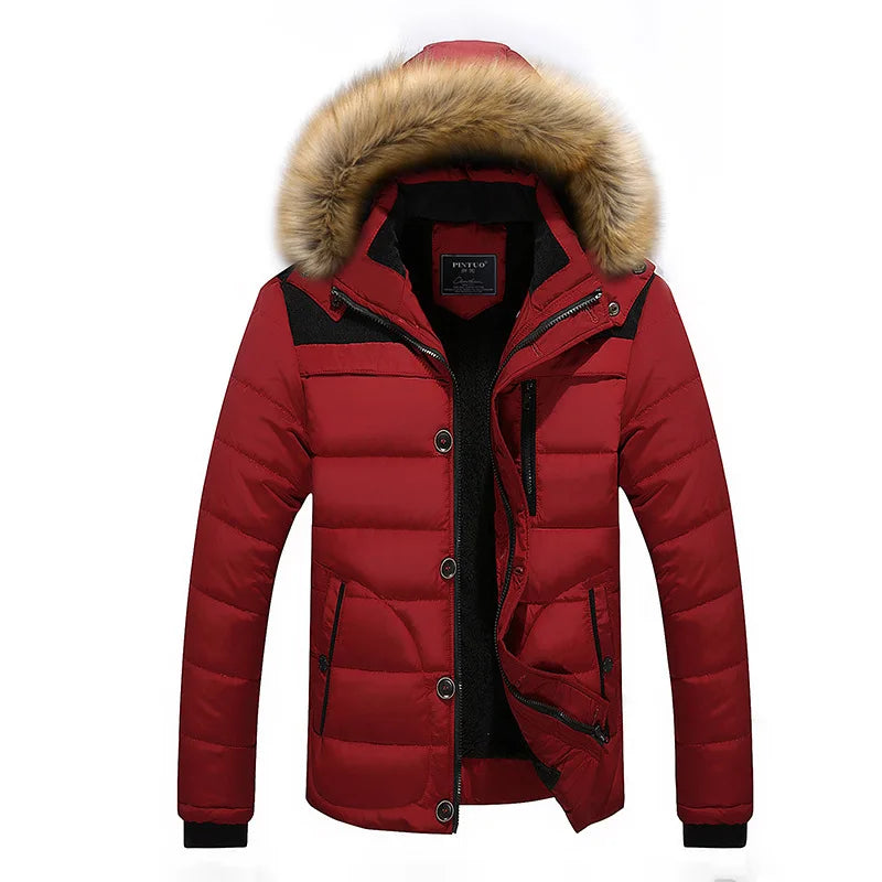 Herren Winterjacke mit Kapuze, Pelzbesatz und Knöpfen – Gefütterte Steppjacke