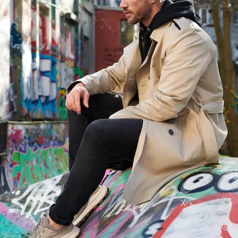 Herren Trenchcoat Zweireihig Klassischer Mantel mit Gürtel