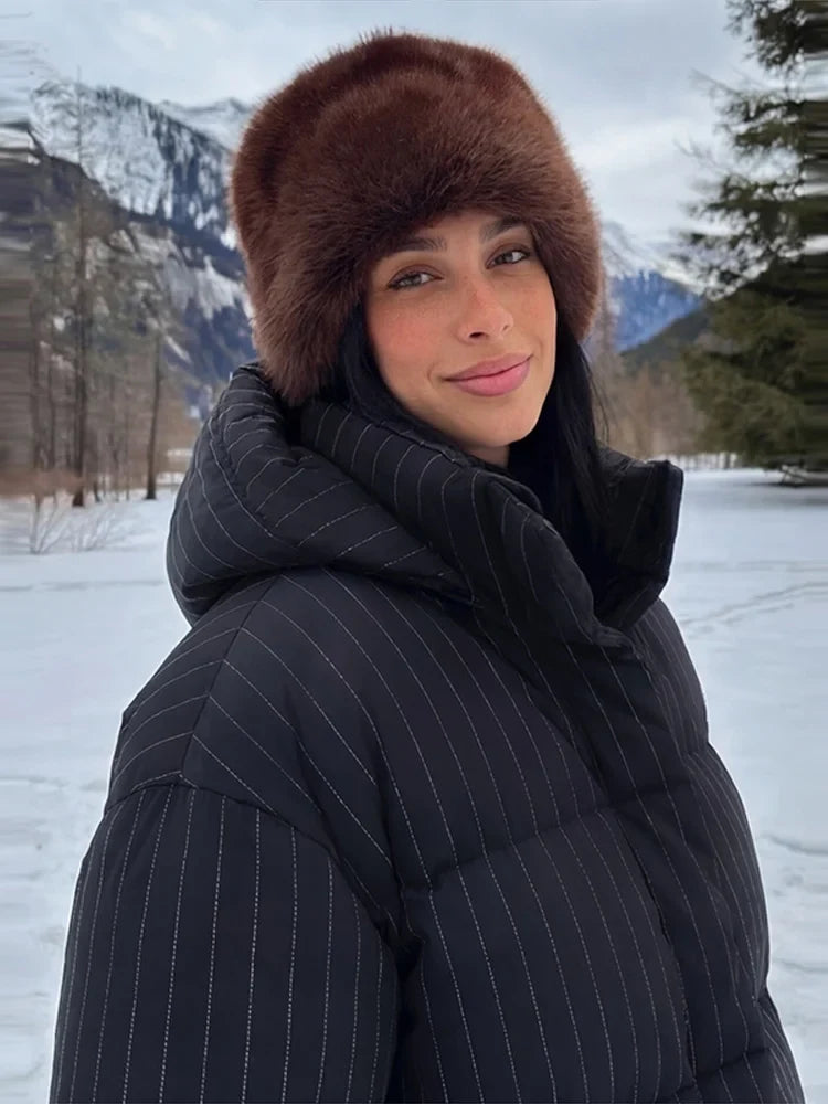 Damen Steppjacke mit Kapuze, Nadelstreifen, Schwarz