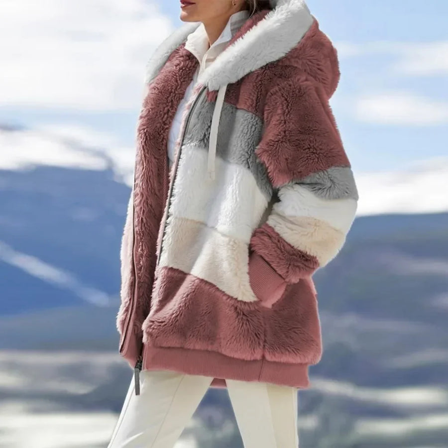 Damen Hoodie Jacke Fleece Winterjacke mit Kapuze Farbenblock