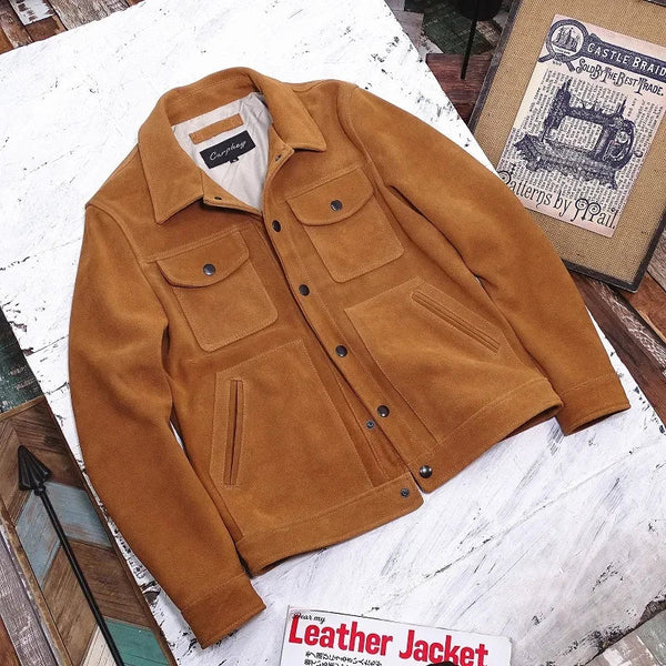 Herren Jacke Wildleder-Optik Cognacbraun mit Umlegekragen & aufgesetzten Taschen