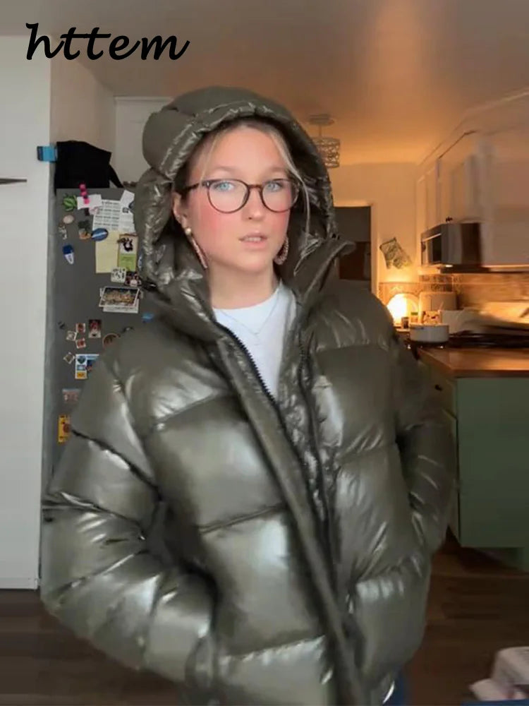 Damen Steppjacke mit Kapuze glänzend Khaki