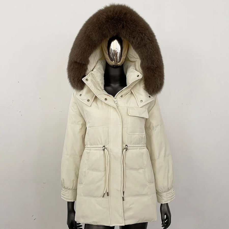 Damen Winterjacke Parka mit Kapuze Kunstfellbesatz Tunnelzug Creme
