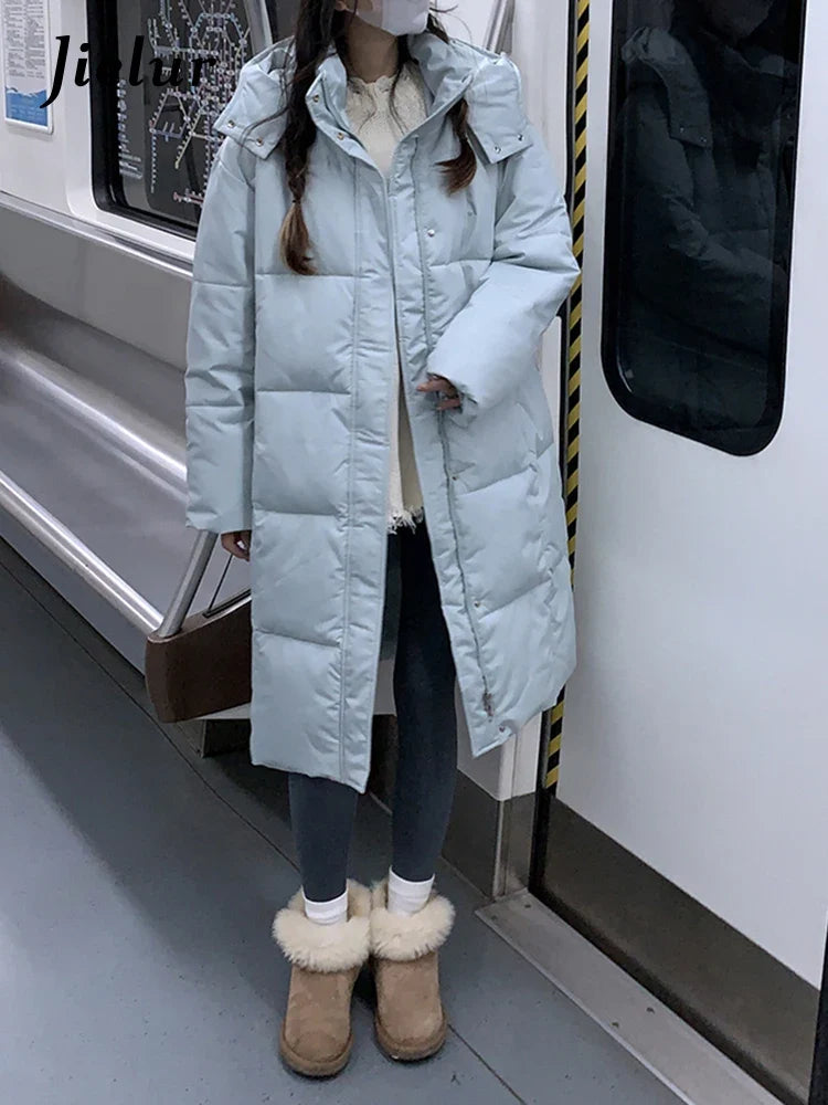 Damen Langer Steppmantel mit Kapuze Winterjacke