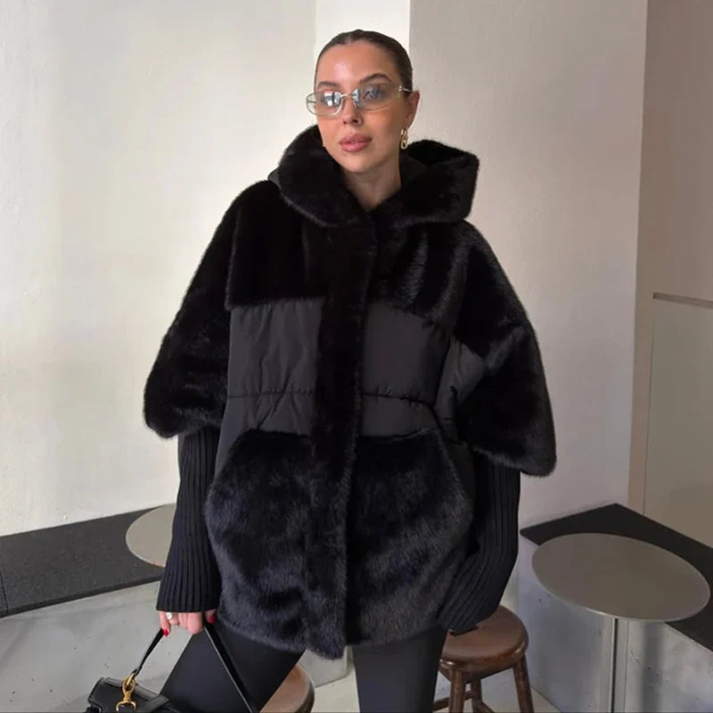 Damen Oversized Hybrid Jacke mit Kapuze, Teddyfell & Stepp-Optik
