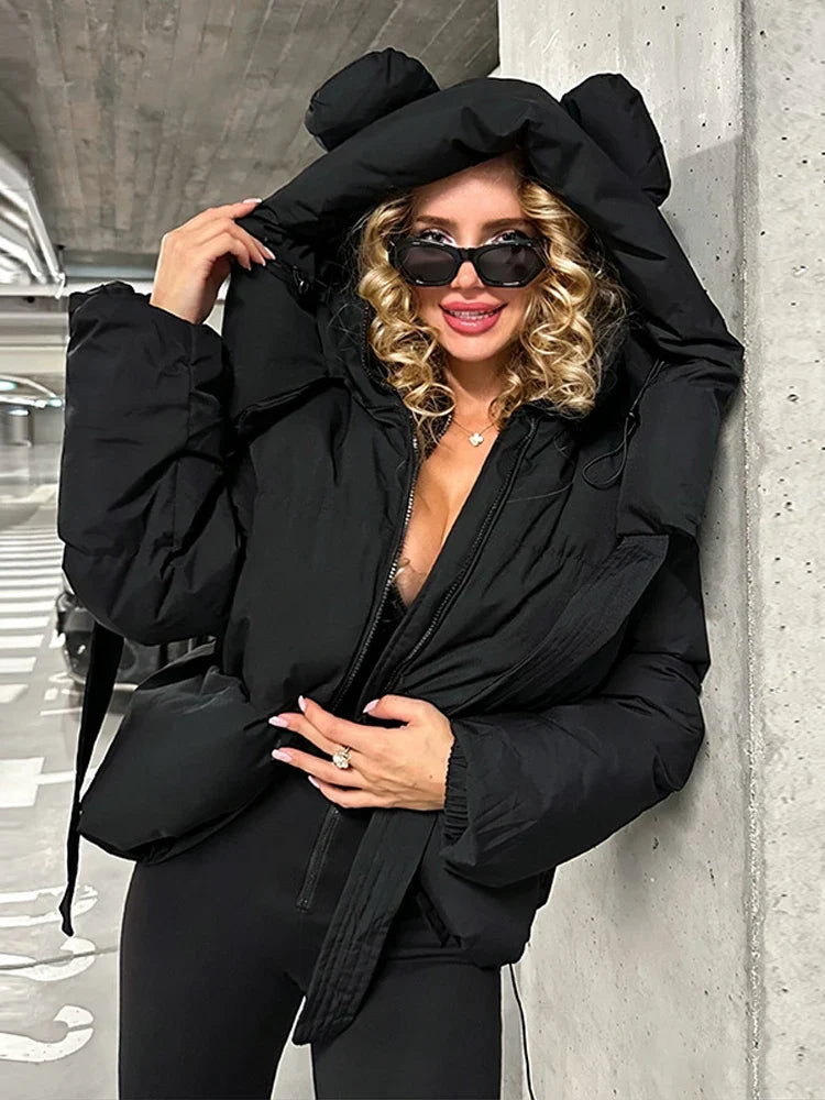 Damen Steppjacke mit Ohren-Kapuze Kurz Gefüttert