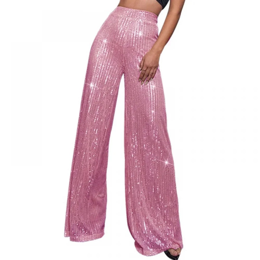 Damen Pailletten Schlaghose Hoher Bund Weites Bein Glitzernde Partyhose