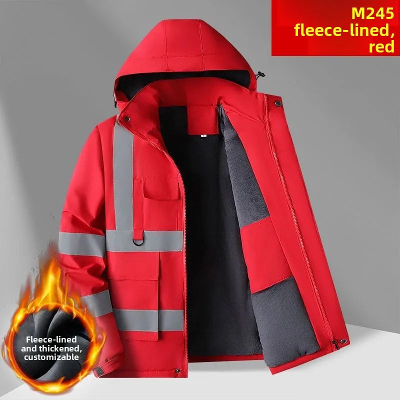 Unisex Winter Warnschutzjacke mit Kapuze, Fleece-gefüttert, Reflektorstreifen