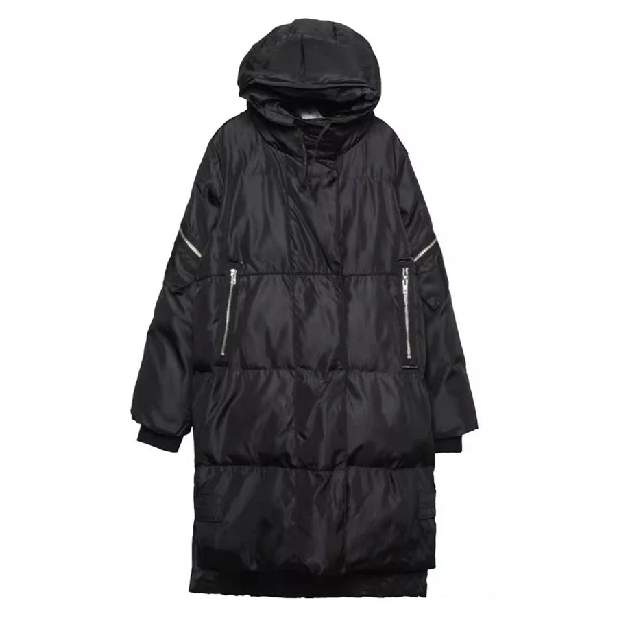 Unisex Langer Steppmantel mit Kapuze Schwarz