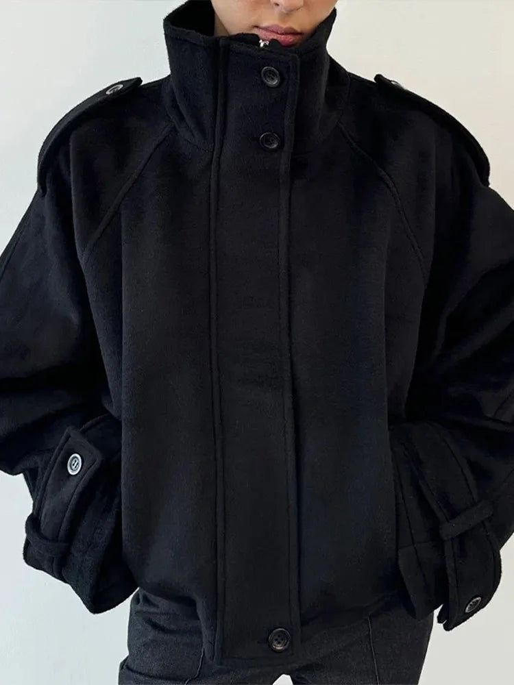 Damen Bomberjacke Stehkragen Grau Weite Ärmel