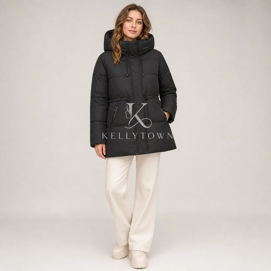 Damen Winter Steppjacke mit Kapuze und Kordelzug