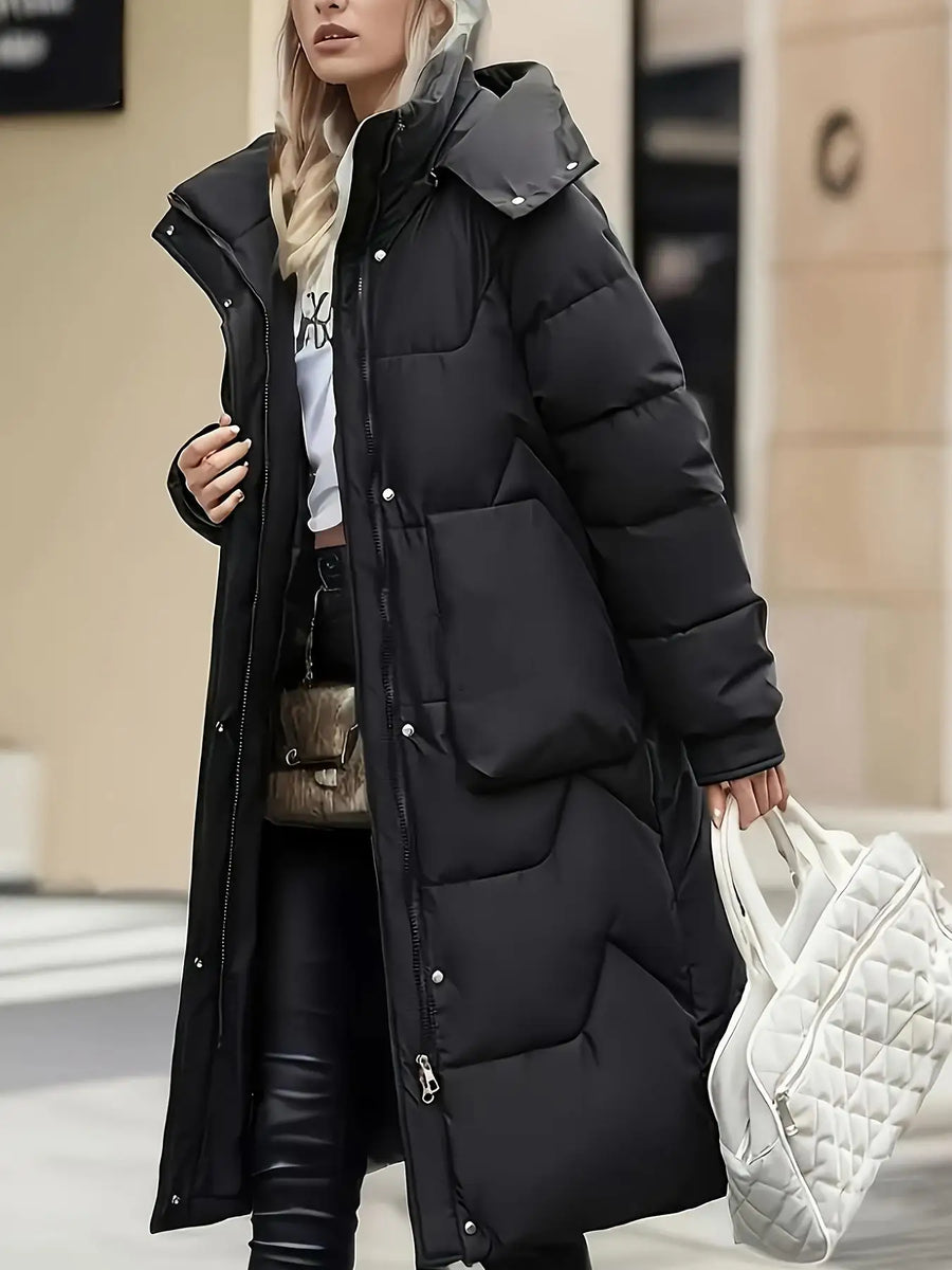 Damen Langer Steppmantel mit Kapuze – Warm & Winddicht Schwarz