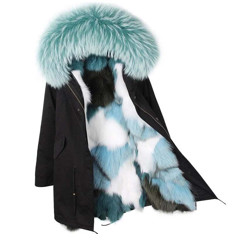 Damen Winterparka mit Kapuze und Plüschfutter, Lange Winterjacke