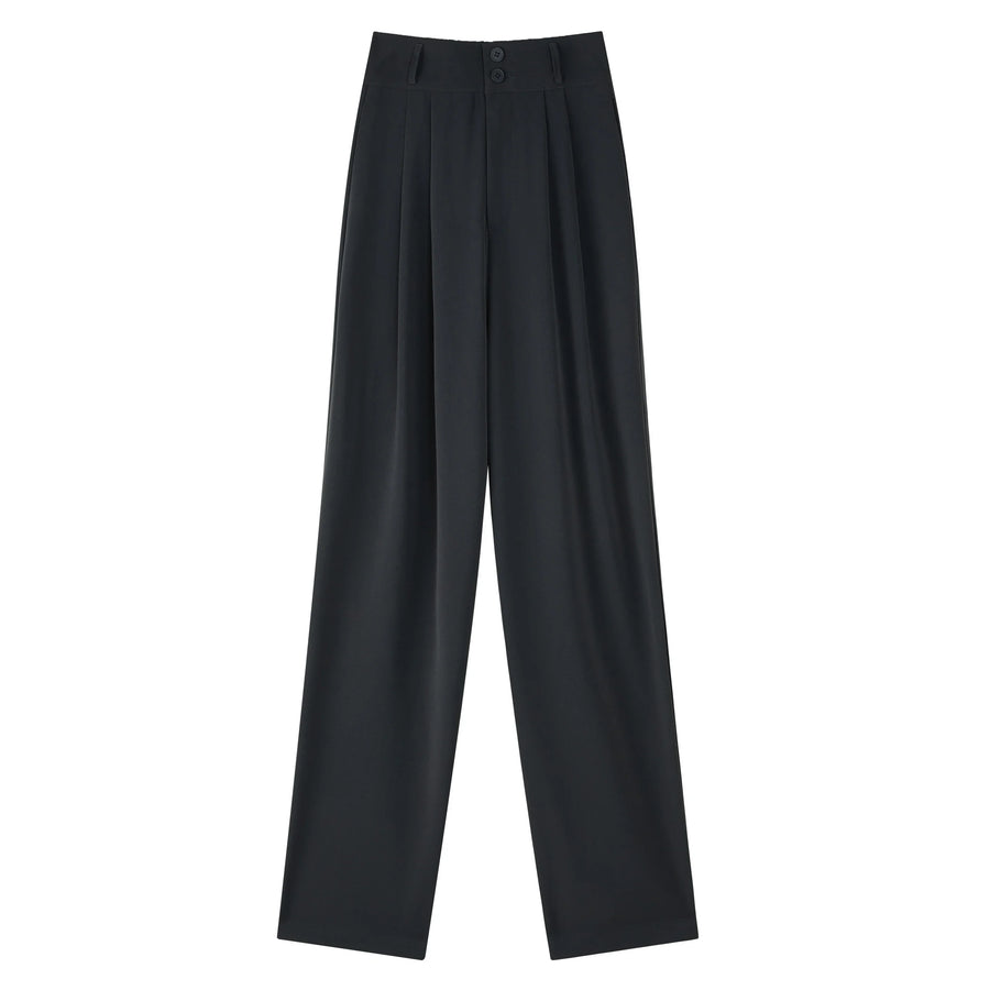 Wijde damesbroek met hoge taille, plooien en knoopsluiting