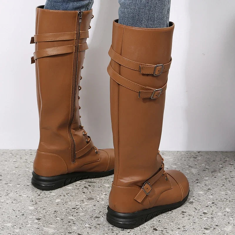 Damen Kniehohe Schnürstiefel mit Schnallen Flacher Absatz