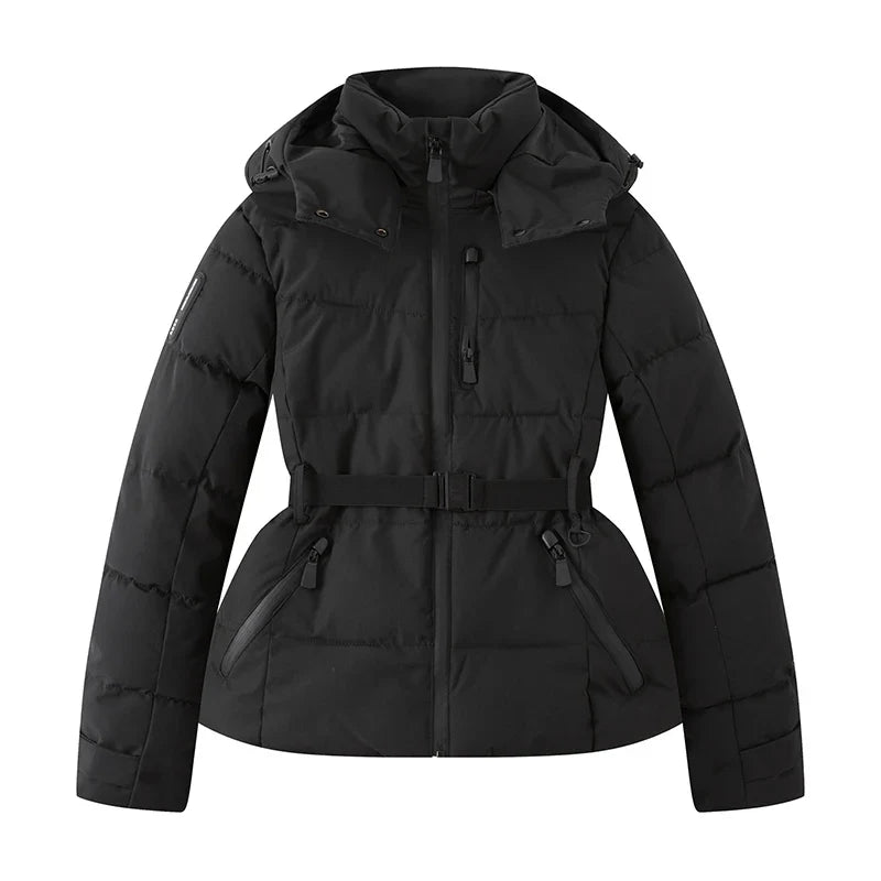 Damen Winter Pufferjacke Glänzend mit Gürtel und Kapuze