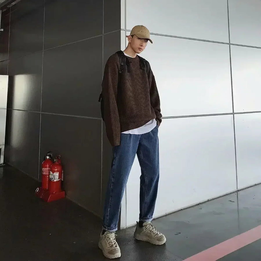 Unisex gebreide trui met ronde hals, grof breisel en oversized pasvorm