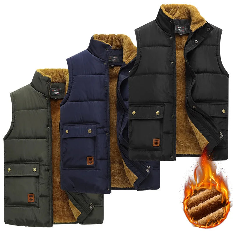 Herenbodywarmer met pluche voering, knoopsluiting en V-hals, olijfgroen
