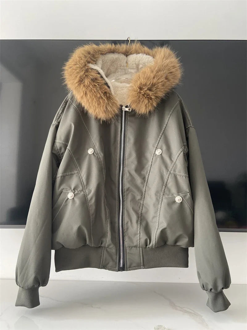 Damen Bomberjacke mit Kapuze und Fellimitat-Futter, gefüttert