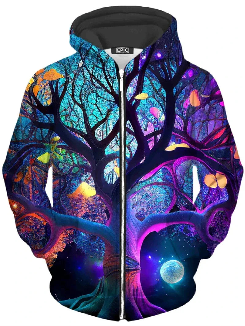 Unisex hoodie met rits en kleurrijke boomgrafiek