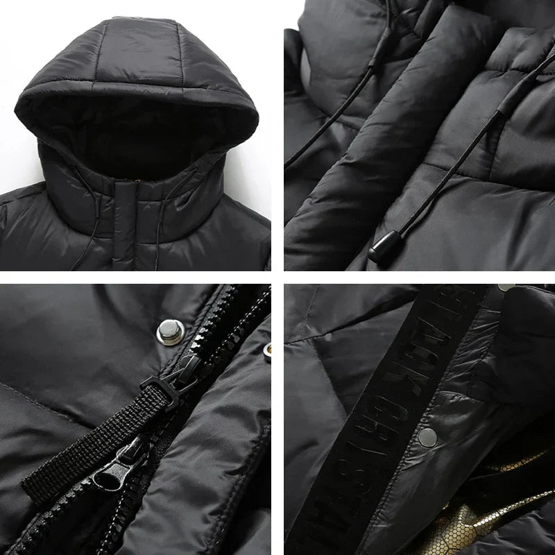 Langer Schwarzer Steppmantel mit Kapuze für Herren Winter Warm Parka