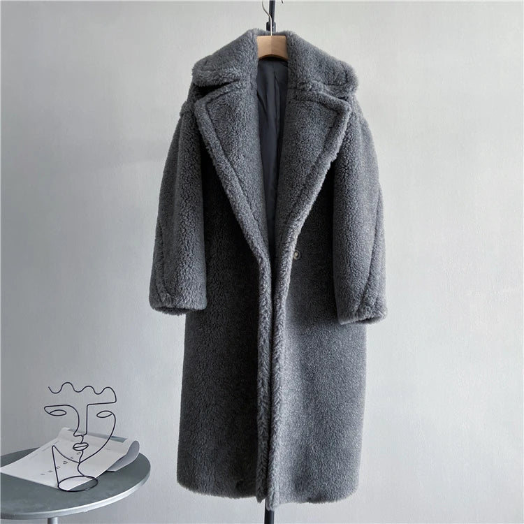 Damen Langer Teddyfell Mantel mit Reverskragen und Taschen
