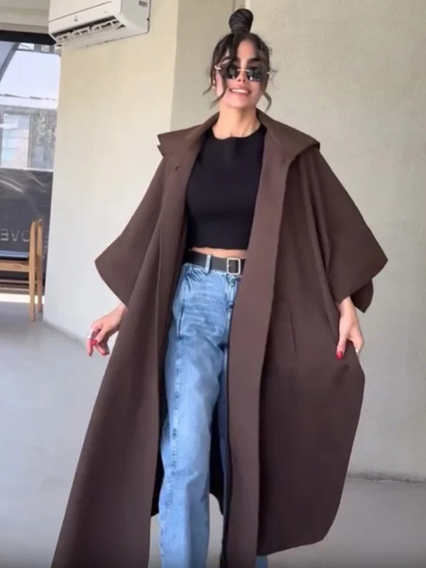 Dames lange jas, bruin, losvallende oversized pasvorm met wijde mouwen