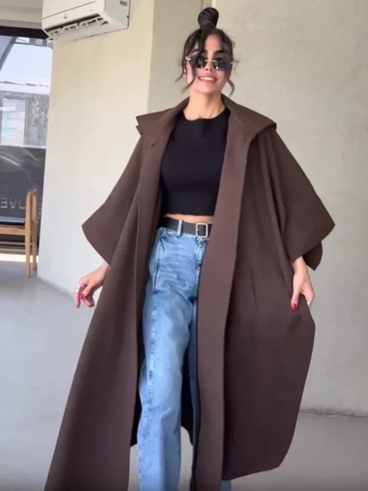 Damen Langer Mantel Braun Locker Oversize-Schnitt Mit Weiten Ärmeln