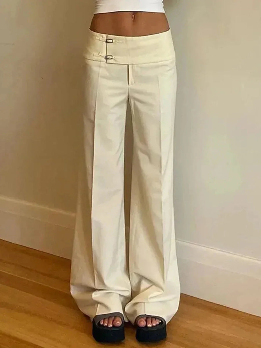 Damen Weiße Weite Marlenehose mit Schnallen-Detail