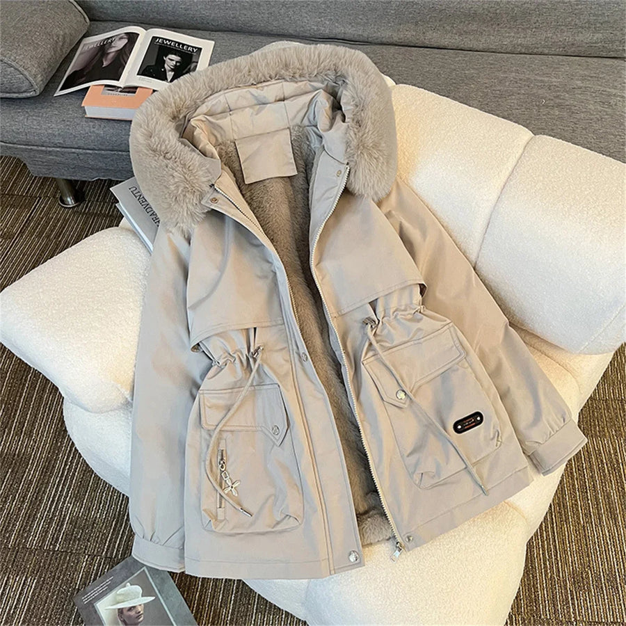 Damen Winterjacke Parka mit Kapuze Pelzimitat Innenfutter Tunnelzug