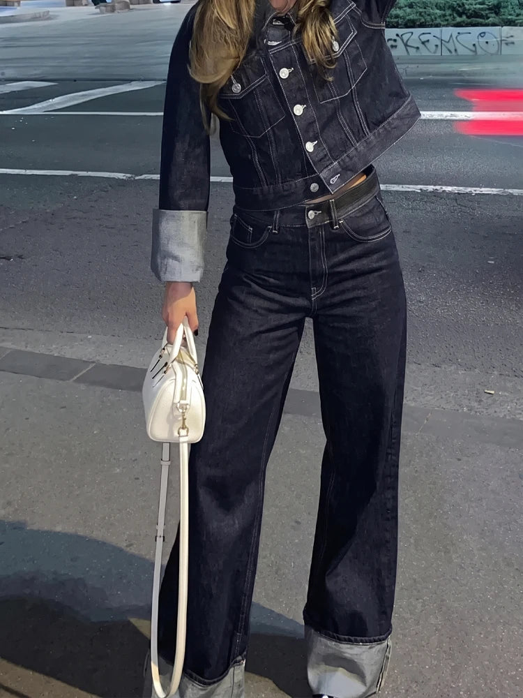 Wide leg-jeans voor dames, donkerblauw, met omslag en lichte naden