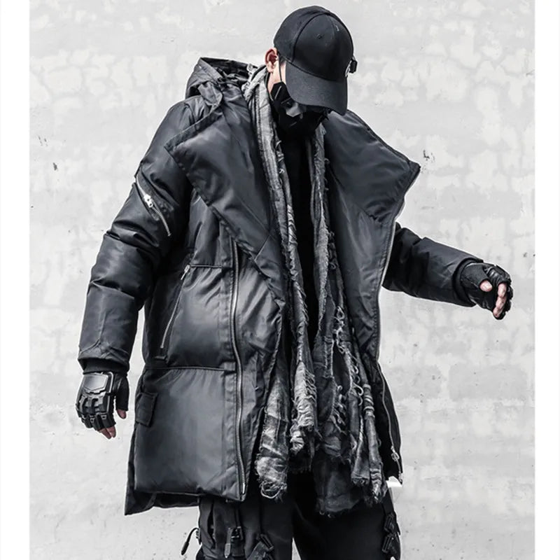 Schwarze Winterjacke für Herren mit Kapuze und asymmetrischem Reißverschluss, gepolstert