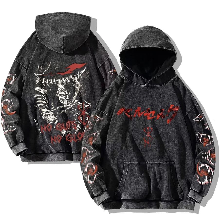Vintage hoodie met capuchon en kangoeroezak – Berserk-print